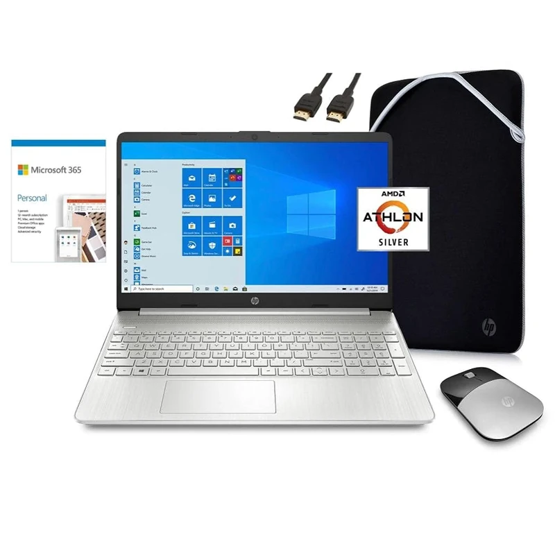 HP 2021 Laptop Computer 15.6" HD Screen, AMD Athlon 3050U 8GB RAM 128GB SSD HDMI Wi-Fi Webcam Silver Win 10 | School Essential Bundle: 1-Year Office 365, Wireless Mouse, Sleeve, VATTE HDMI Cable