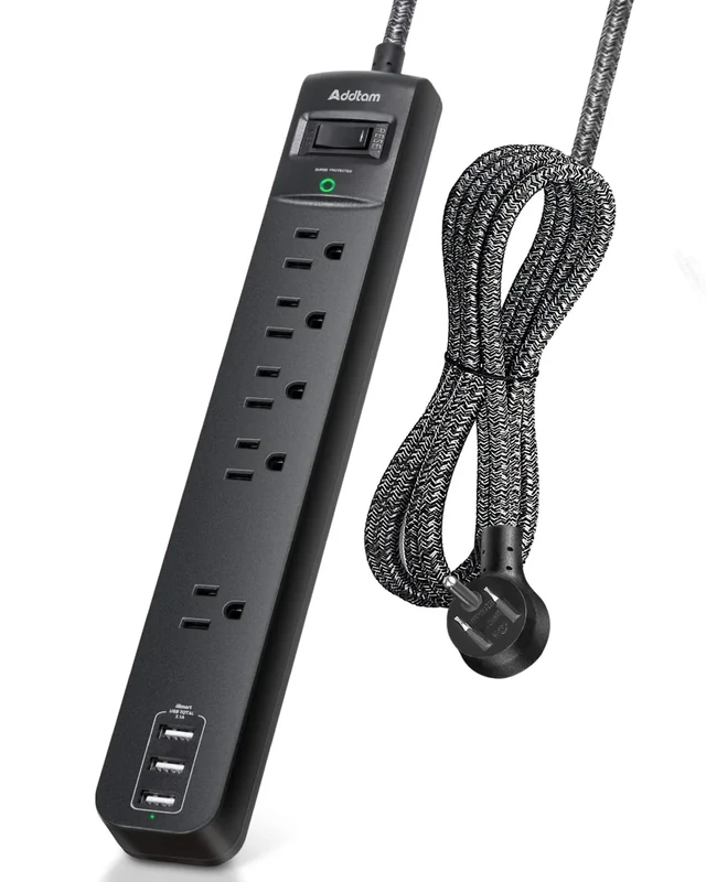Addtam 10ft Power Strip Surge Protector - 5 Outlets + 3 USB Ports