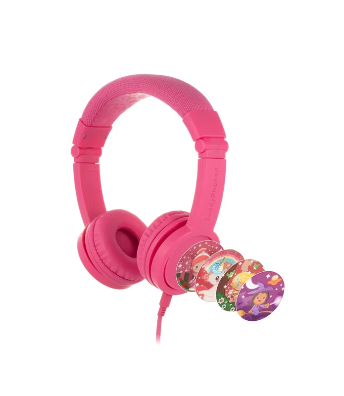 BuddyPhones Explore Plus | Foldable Kids Wired Headphones, Built-in Audio Sharing Cable with in-Line Mic - SafeAudio Volume-Limiting for Kindle, iPad, iPhone, or Android (Rose Pink)