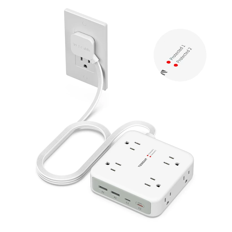 TESSAN 5ft Power Strip - 8 Outlets, 4 USB (2 USB-C), 2100J, 20W Charge