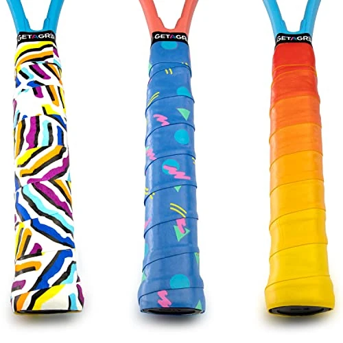 Get A Grip - Custom Tennis Racket Grip Tape - Anti-Slip/Quick-Drying Tennis Overgrips - Precut Badminton Racket Grip with Finishing Tape (Push The Boundaries (3 Grip Bundle), 3 Grips (15% Discount))