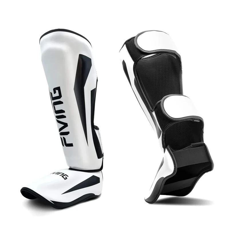 FIVING MMA Martial Arts Shin Guards – Padded, Adjustable Muay Thai Leg Guards with Instep Protection for Kickboxing/MMA Training and Sparring – Durable, Professional MMA Equipment (White, Large)