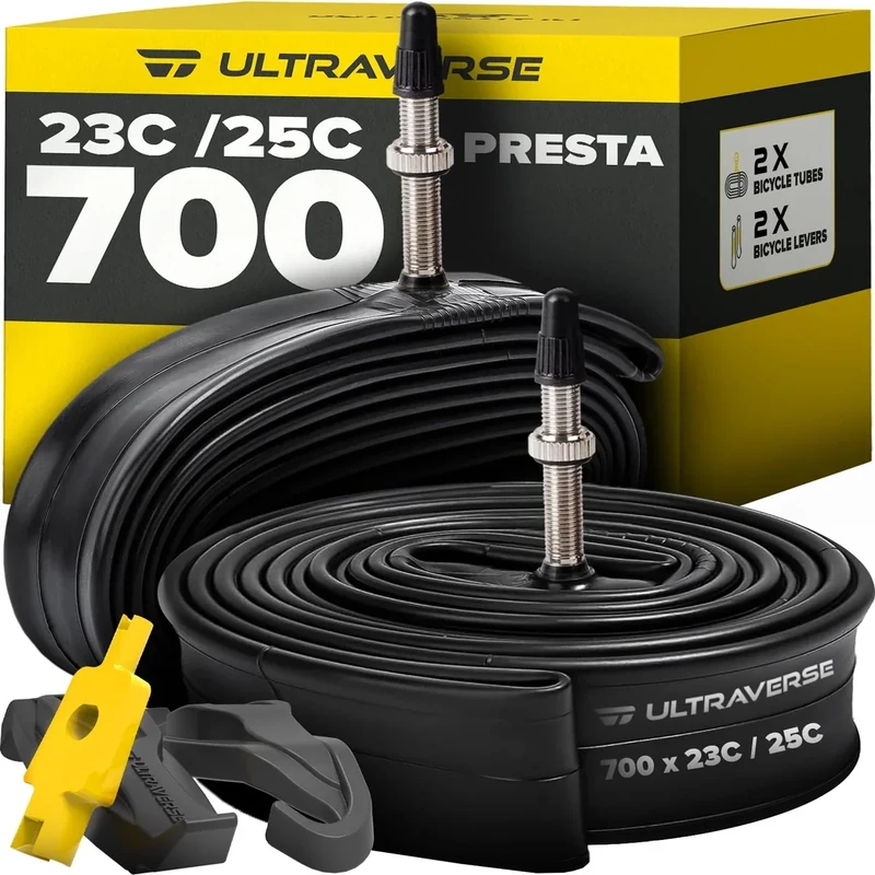 Ultraverse Bike Inner Tube for 700x23-25c, 28 inch Bicycle Wheel Sizes with 48mm Presta Valve - Butyl Rubber Tubes for Road and Gravel Bikes - 2 Tubes with 2 tire levers Included