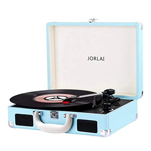 Record Player 3 Speed Turntable with Bluetooth Bulit-in Battery PC Recoring Vinyle Record Player 2 Built in Stereo Speakers with Portable Suitcase Blue Support Aux in RCA Line Out