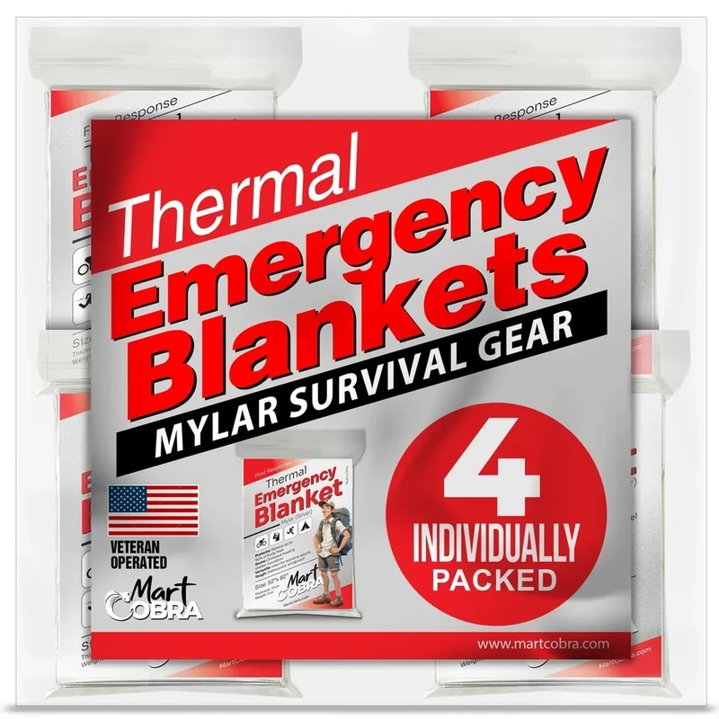 Emergency Blanket 4-Pack Space Mylar Blankets Survival Gear and Supplies Reusable Thermal Camping Hunting Essentials First Aid Car Backpacking Marathon Kit Prepper Go Rave Bug Out Bag Foil Cold Winter