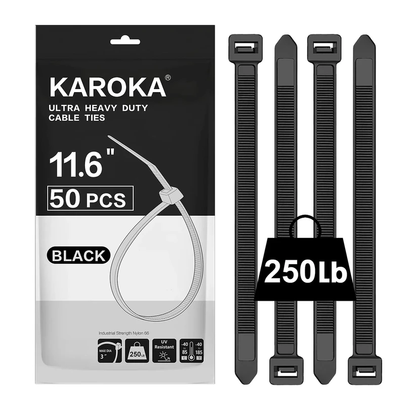 Karoka Heavy Duty Zip Ties 11.6in - 250lb Tensile, 0.47in Wide, 50 Pack