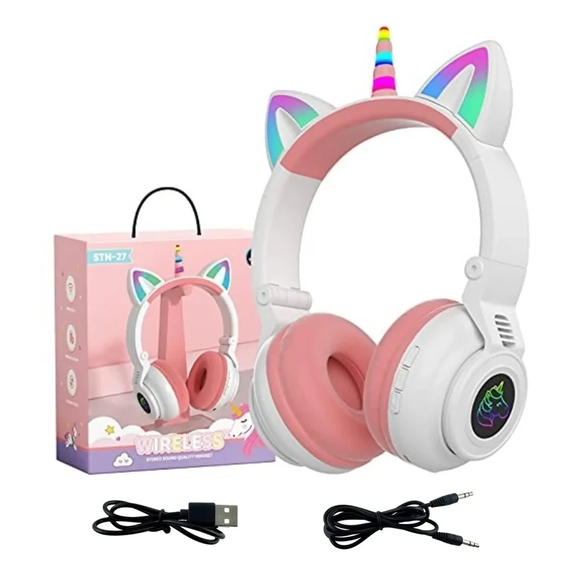 YUSONIC Unicorn Bluetooth Headphones - Foldable Light Up, White Pink