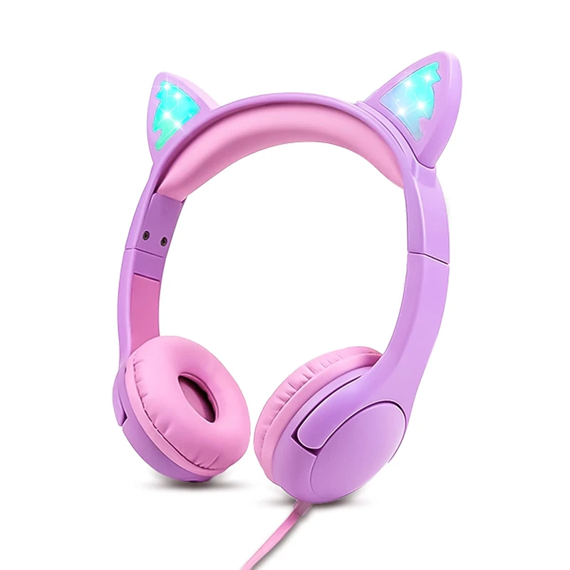 Olyre Kids Light-Up Cat Ear Headphones - Safe 85dB Volume, Purple/Pink