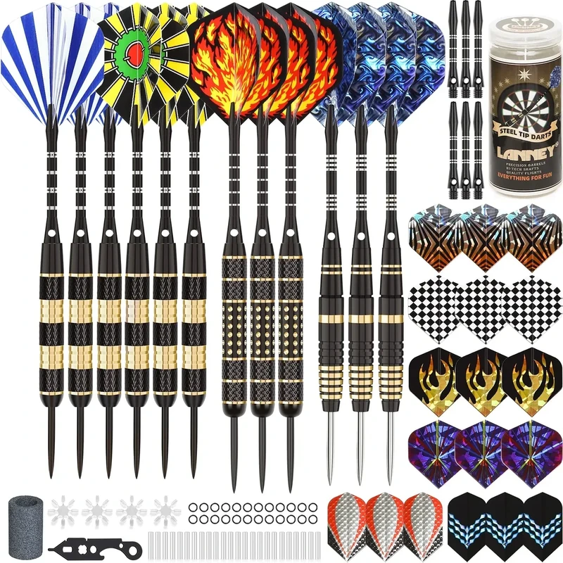 LANNEY Darts Metal Tip, Steel Tip Darts Set 20 Grams, 24 and 26 Grams Professional Dart for Dartboard with Aluminum Shafts, Brass Barrels, Extra Flights, Sharpener Tool Kit, Carrying Case