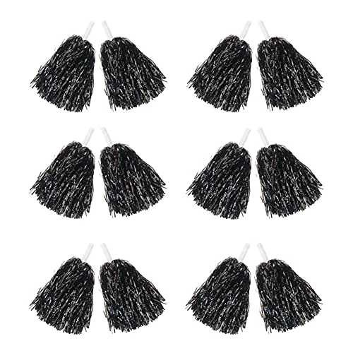 Hooshing 12PCS Pom Poms Cheerleading Black Metallic Foil Cheer Pom Poms with Plastic Handles for Rooters Cheering Squard Team Spirit Sports Party