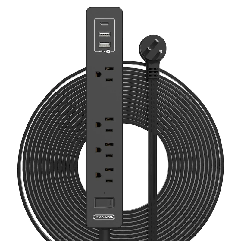 Flat Extension Cord 15 Ft, NTONPOWER Ultra Thin Flat Extension Cord Under Carpet, Rug, Door, Wall Mount Power Strip Flat Plug with 4 Outlets 3 USB, Overload Protection for Indoor Home Office, Black