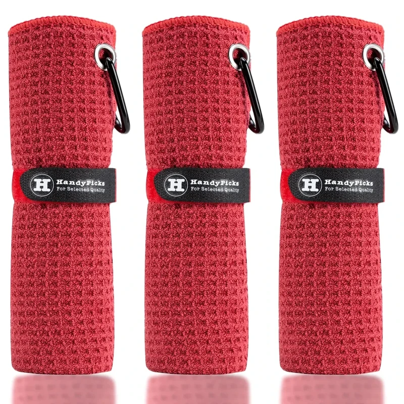 Handy Picks Microfiber Golf Towel (16" X 16") with Carabiner Clip, Waffle Pattern Golf Towel Hook and Loop Fastener - The Convenient Golf Cleaning Towel Red