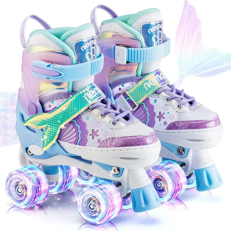 NEMONE Roller Skates for Girls, 4 Size Adjustable, Mermaid Design, 8 Light up Wheels, Indoor-Outdoor, Ages 3-12, Purple Blue