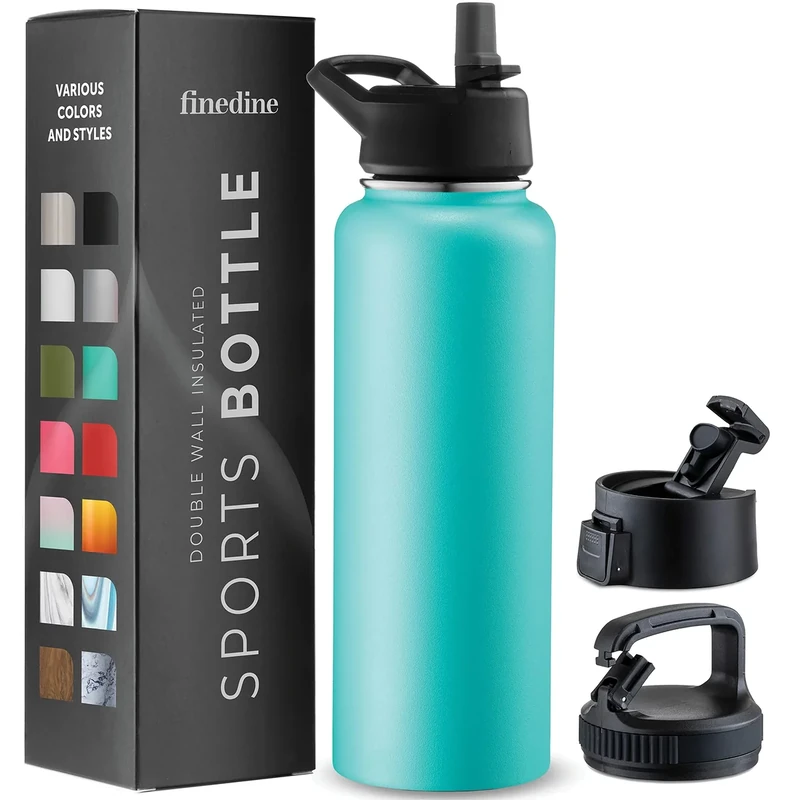 FineDine Water Bottle - Stainless Steel Insulated Water Bottle with Straw Lid, Flip Lid & Wide-Mouth Cap - Keeps Hot and Cold - 40 Oz / 1.18L - Cheery Turquoise