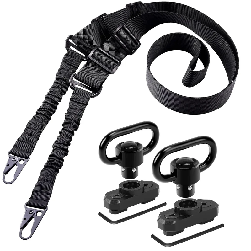 REERON Two Point Traditional Rifle Sling with 2 Pack 1.25" QD Swivel Mounts for M-Rails - Adjustable Extra Long 2 Point Traditional Sling (Black Sling + 2 Pack Swivel Mounts)