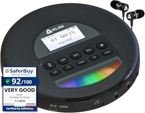 KLIM Nomad - Portable CD Player with Long-Lasting Battery - with Headphones - Radio FM - Compatible MP3 CD Player Portable - TF Card Radio FM Bluetooth - Ideal for Cars - Black