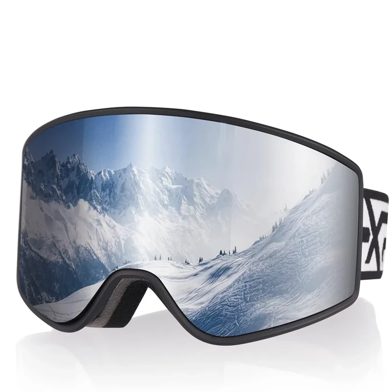 EXP VISION Ski Goggles, Over Glasses Snow Goggles Anti Fog Snowboard Goggles for Men, Women Youth(Adult Ski Goggles-Silver)