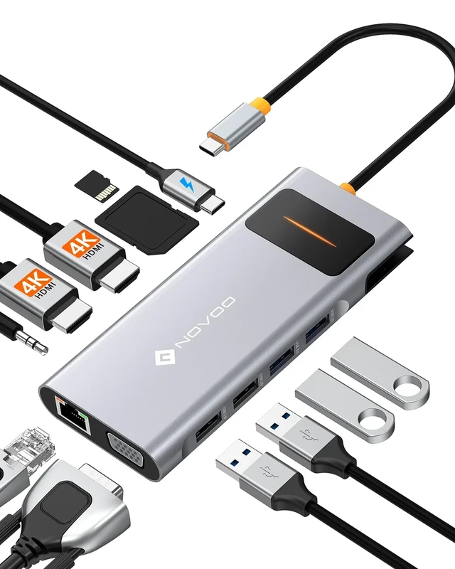 NOVOO 12-in-1 USB-C Docking Station - 4K HDMI 100W PD, Ethernet, SD/TF