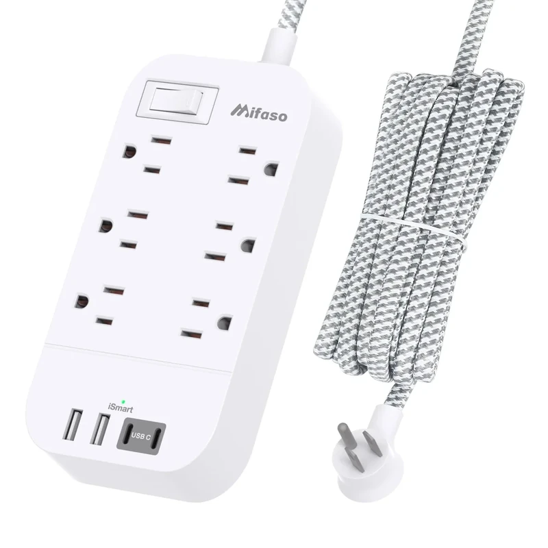 Mifaso 10ft Power Strip - 6 Outlets, 2 USB-A & 2 USB-C, Overload Protect