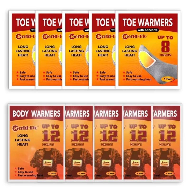 WORLD-BIO 5 Packs Body Warmers with Adhesive Backing and 5 Pairs Adhesive Toe Warmers - Long Lasting Safe Natural Odorless Air Activated Heat Pack Gives 8 Hours Warm