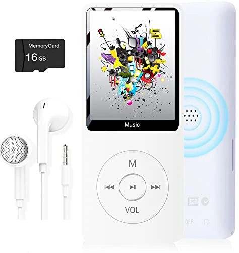MP3 Player, Music Player with 16GB Micro SD Card, Build-in Speaker/Photo/Video Play/FM Radio/Voice Recorder/E-Book Reader, Supports up to 128GB (White)