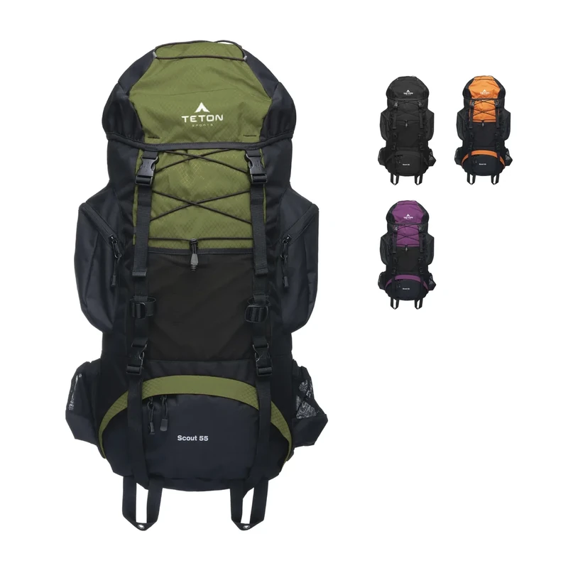 Teton 55L Scout Internal Frame Backpack for Hiking, Camping, Backpacking, Travel, Rain Cover Included, Olive