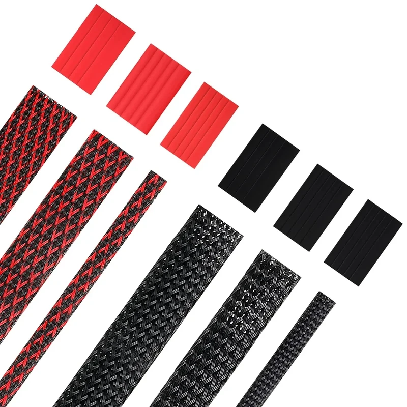 Xuniea 96ft Wire Loom Braided Cable Sleeve Covers Cord Management with 127 Pcs Tube Heat Shrinkable for Audio Video Cable Cord Protectors from Pets(1/4, 1/2, 3/4 Inch,Black and Red)