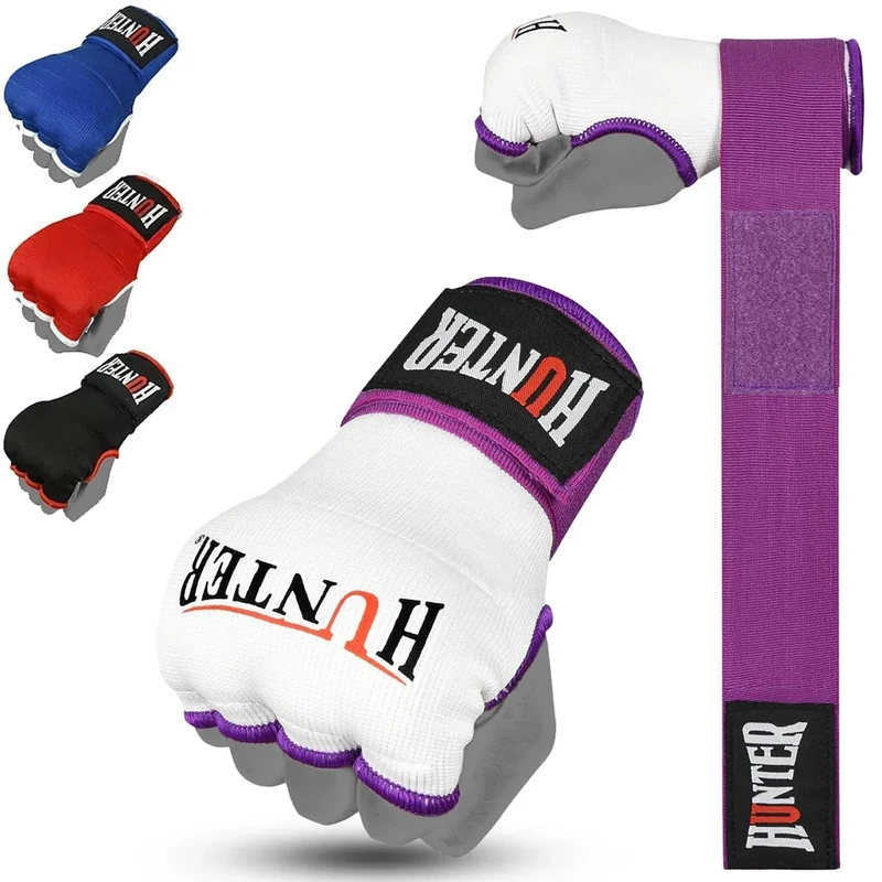 HUNTER Gel Padded Inner Gloves with Hand Wraps for Boxing (Comes in Pair) (White-Purple, L/XL)