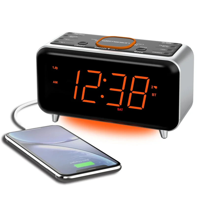 Emerson CKS1521 SmartSet Bluetooth Dual Alarm Clock Radio with 1.4” Orange LED Display, USB Charger, FM Radio, AUX Input, Auto-Dimmer, and Orange Accent Light