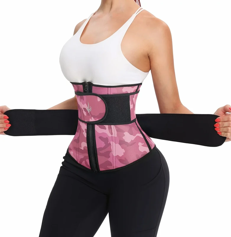 ANGOOL Neopren Waist Trainer For Women,Workout Plus Size Trimmer Belt Sauna Sweat Corset Cincher With Zipper L Pink Camo