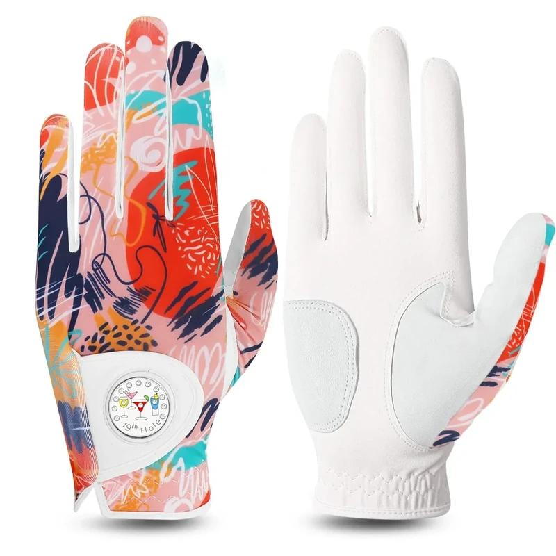 FINGER TEN Stylish Golf Gloves Women with Ball Marker 1 Pack for Left or Right Hand, Breathable Glove with Fashion Patterns for Ladies Right Left Handed Golfer (Full-Orange, Medium, Left)