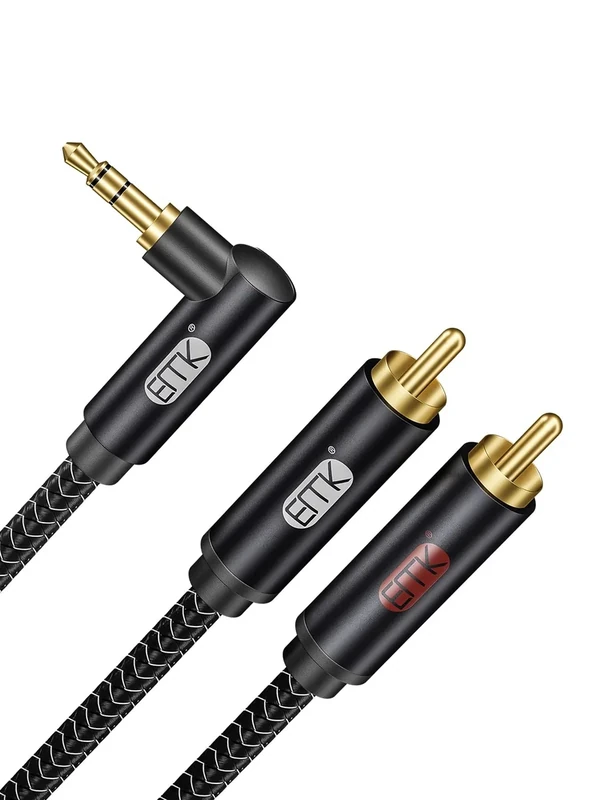 EMK 3.5mm to RCA Stereo Audio Cable - Gold Plated, 90°Aux Male to 2RCA Male, 10ft/3M - Compatible with Smartphones, MP4, Tablets, Speakers, Home Theater