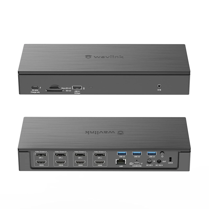 WAVLINK DisplayLink Laptop Docking Station - Quad Monitor 5K/4K@60Hz, 100W Charging - Thunderbolt 4/3, USB-C/A - M1-M5 Mac/Windows/Chrome/Ubuntu - 4 HDMI, 4 DP, 180W Power, SD 4.0 CR, 2.5Gbps LAN