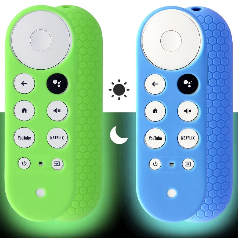 2pcs Remote Cover (Glow in The Dark) Compatible with 2020 Chromecast with Google TV Voice Remote, Pinowu Anti Slip Silicone Case Cover (Green and Blue)