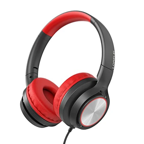 LORELEI S9 Wired Headphones with Microphone for School，On-Ear Kids Headphones for Girls Boys，Folding Lightweight and 3.5mm Audio Jack Headset for Phone, Ipad，Tablet, PC, Chromebook (Black Red)