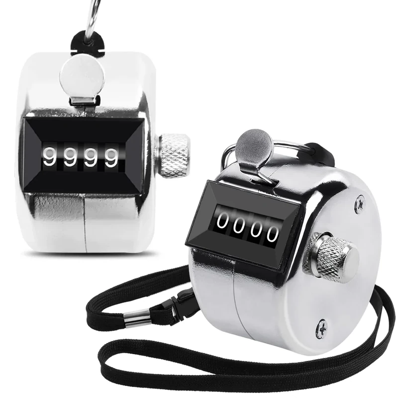 Oligei 2 Pack Metal Hand Counter Four-Digit Counter with Nylon Lanyard Silver Counter Click Counter Handheld Click Counter Digital Counting