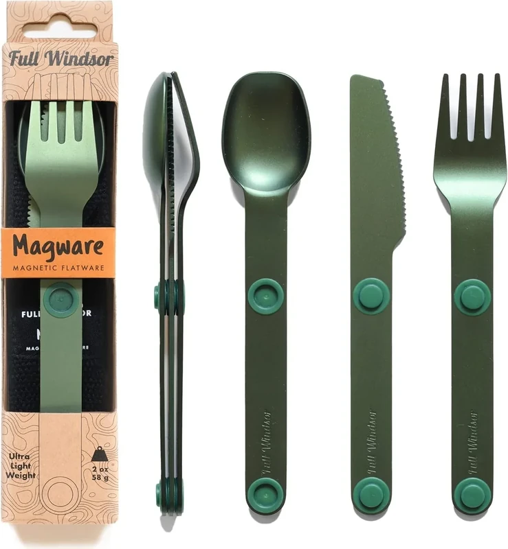 FULL WINDSOR - MAGWARE Magnetic Camping Cutlery Set - Travel Utensils for Camping, Cooking, and Outdoor Dining - Knife, Fork & Spoon - Portable Silverware with Pouch - Green (3 PCS)