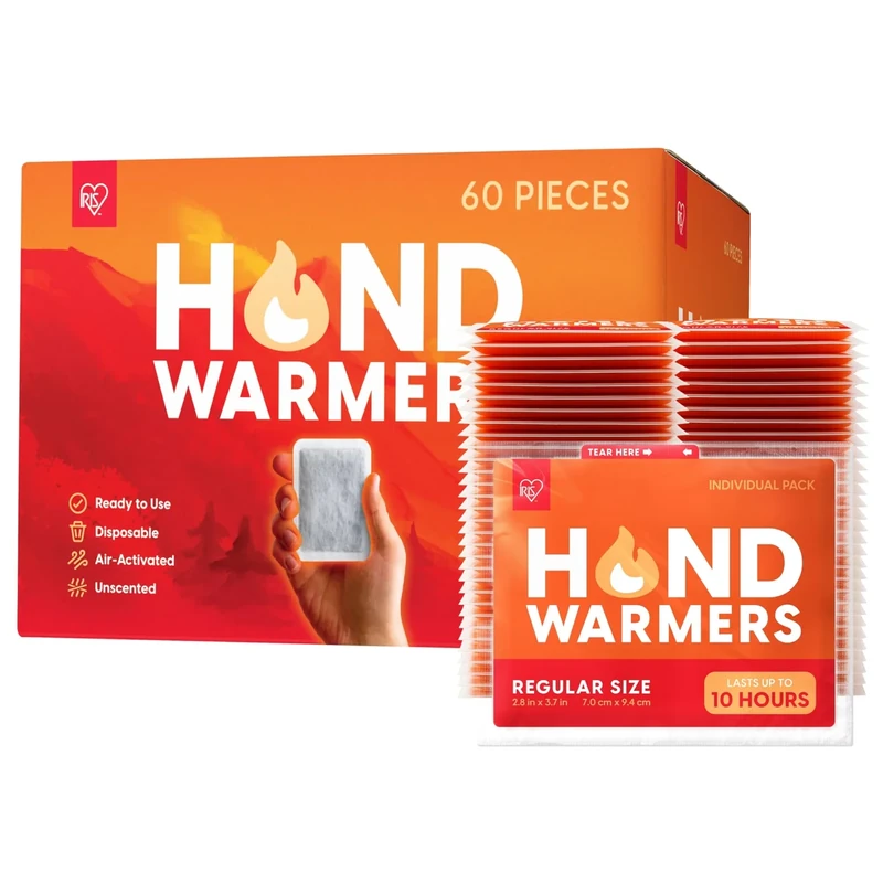 IRIS USA Hand Warmers, Regular - 60 Individual Warmers, Up to 10 Hours Long-Lasting for Warm Hot Hands Body, TSA-Approved, Pocket Glove Hot Hands Handwarmers Bulk Disposable, Camping Skiing Outdoor