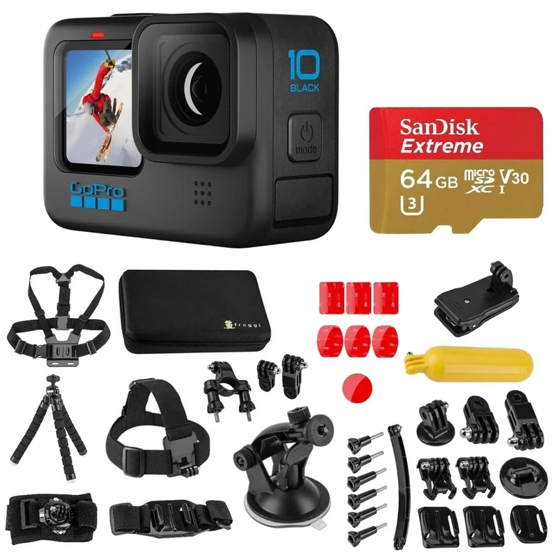 GoPro HERO13 Black Accessory Bundle - Includes The Handler, 2 Enduro Batteries, 2 Curved Adhesive Mounts, 64GB SanDisk MicroSD Card, and Carrying Case, Head Strap & Card Reader HERO10