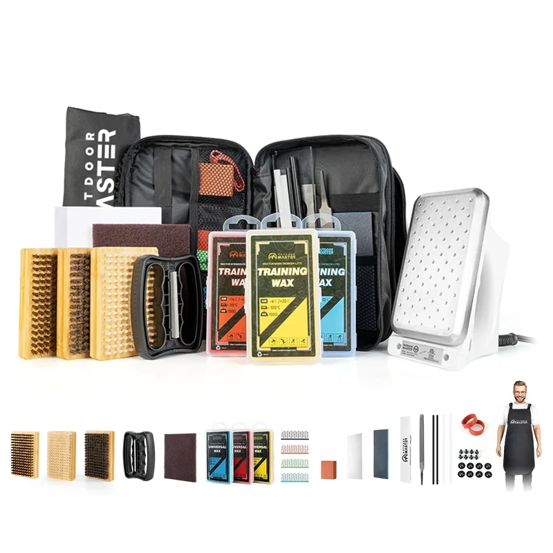 OutdoorMaster Ski Snowboard Tuning and Waxing Kit with Waxing Iron,Universal Wax,Edge Tuner,Brush,Wax Scraper,Ptex,Fixer Screw,Rubber Band (Black, XL-Upgrade)
