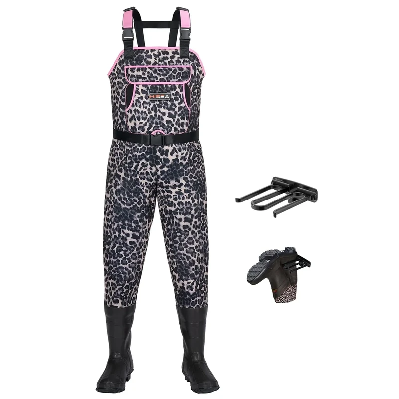 HISEA Neoprene Chest Waders Leopard Print Duck Hunting Waders for Women with Boots Cleated Waterproof Insulated Fishing Waders