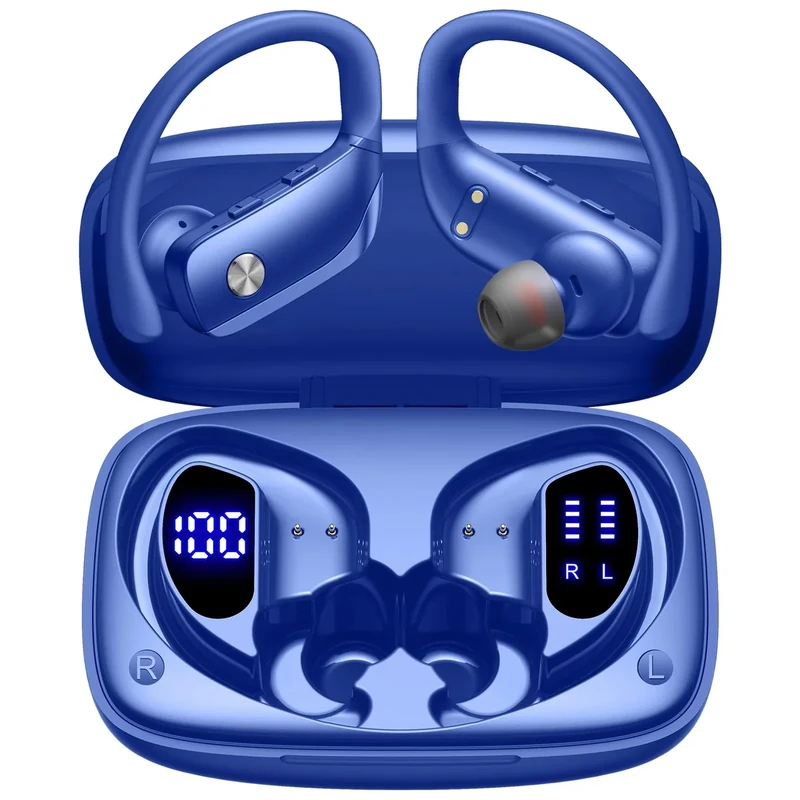bmani Wireless Earbuds - 80H Playtime LED Case, Hook Mic, Sound - Blue