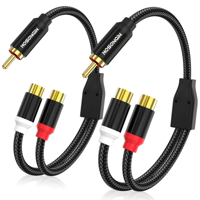 HOSONGIN RCA Splitter 1 Male 2 Female Audio Cable (2 Pack), 24K Gold-Plated Plug, Cotton Braided Jacket, Dual Shielded Y Splitter Adapter for Amplifiers, TV, Home Theater, Hi-Fi Systems -12 inch