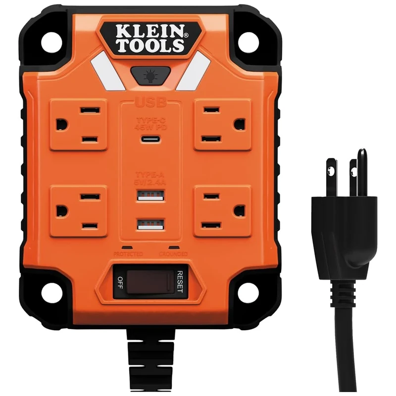 Klein Tools 29601 Magnetic PowerBox - 4 Outlets, 3 USB, 5ft Cord - Image 1
