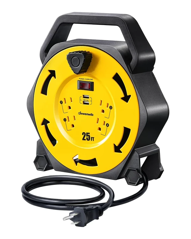 DEWENWILS 25FT Cord Reel - 4 Outlets, 2 USB Ports, 16/3 Heavy Duty