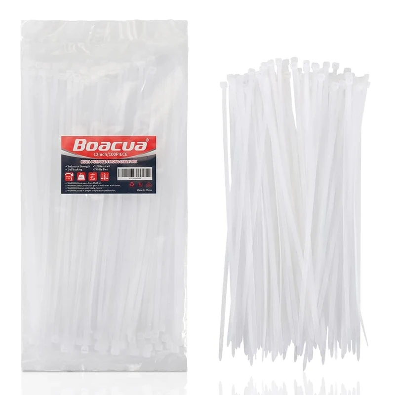 Boacua 12 Inch Heavy Duty White Zip Cable Ties - 100 Pack