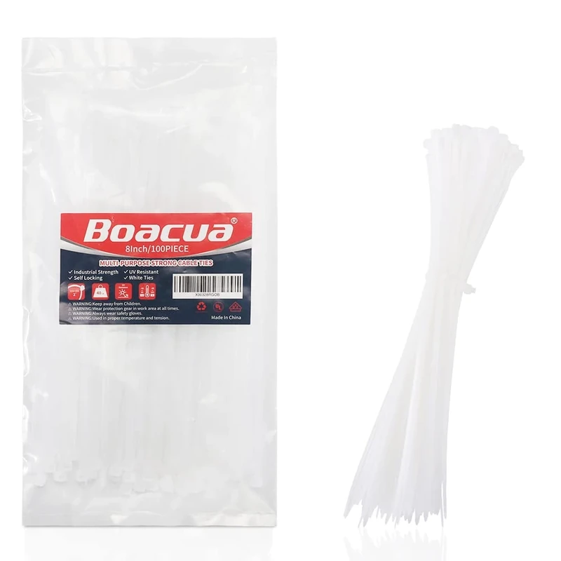 Boacua 8\" White Zip Ties - 100 Pack Heavy Duty Nylon, Self-Locking