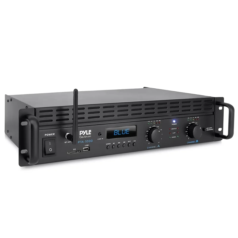 Pyle 2-Channel Rack Mount Power Amplifier with Bluetooth - 2000W Bridgeable with TRS XLR Input, Speakon Outputs, USB-A Input with MP3 Player, Bridge Mode, Cooling Fan, LED Level Meters - PTA1000BT