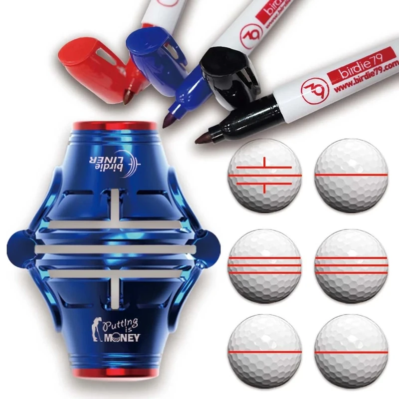 BIRDIE79 Birdie Liner Blue Golf Ball Marker Alignment Tool Kit - 360-Degree Triple Line Stencil with 3-Color Pens and Gift Box - Premium Quality(Blue)