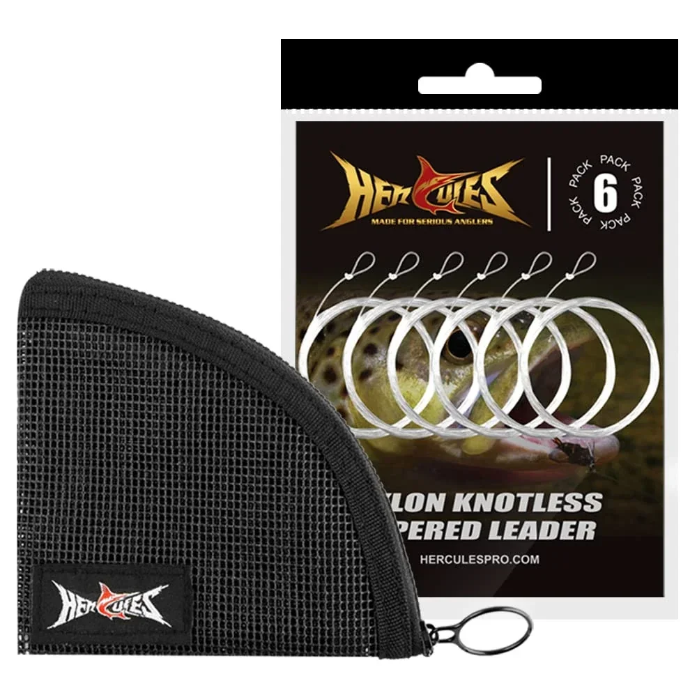 HERCULES Pre-Tied Loop Fly Fishing Leader 6 Pack with Tapered Leader Wallet, 9FT - 4X - 4.9LB